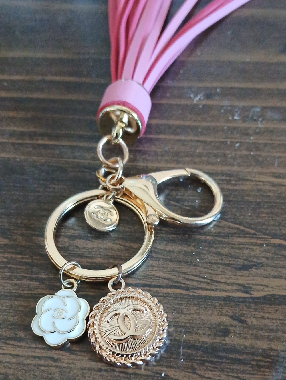 Pink Tassel Keyring with Gold Logos